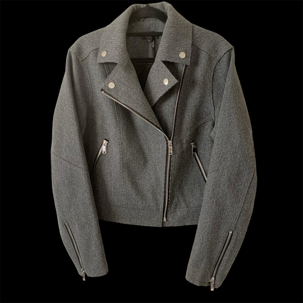 DKNY Donna Karen Grey Moto Jacket Coat Womens M silver zippers Capsule Wardrobe